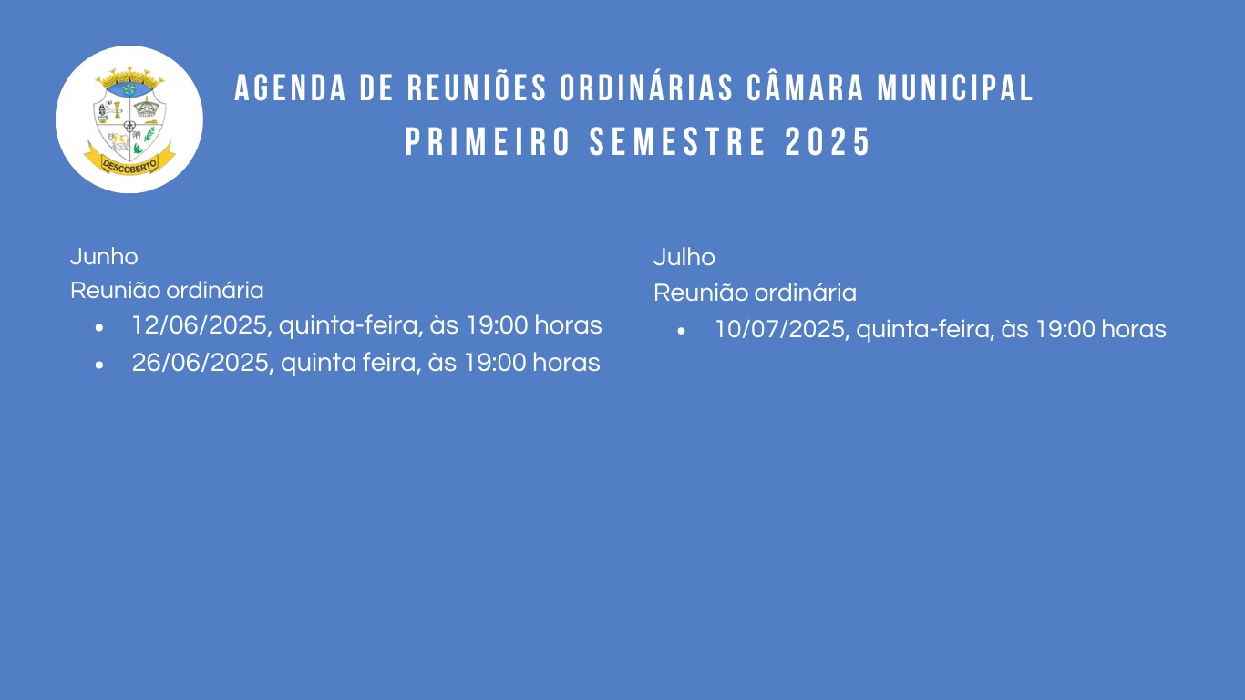 Calendário Reuniões da Câmara Municipal de Descoberto  ano de 2025 – 1º semestre