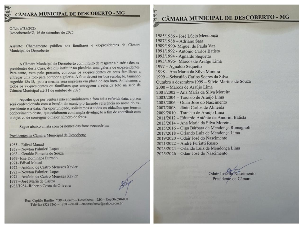 16/09/2025 Chamamento Público aos familiares e ex-presidentes da Câmara Municipal de Descoberto 