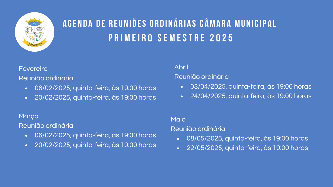 Reuniões Ordinárias da Câmara Municipal de Descoberto  ano de 2025 – 1º semestre